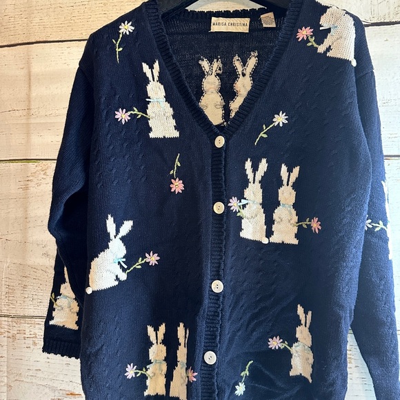 MARISA CHRISTINA Whimsical Navy Cardigan with Bunny Motif Size Large - Picture 1 of 16